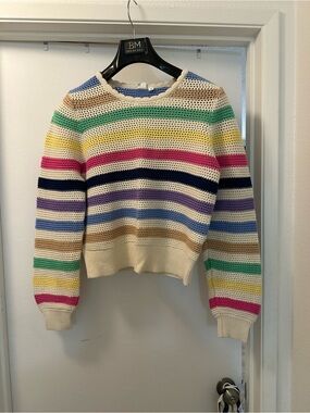 GAP Cream Cropped Crochet Sweater with Multicolor Stripes